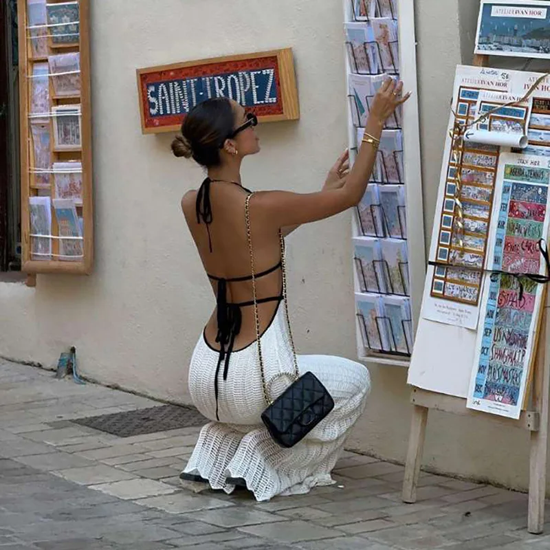 Knit V-Neck Backless Maxi Dress Women's Slim Lace-Up Fashion Contrast Patchwork Bandage Knitwear Dress Female Long Dress