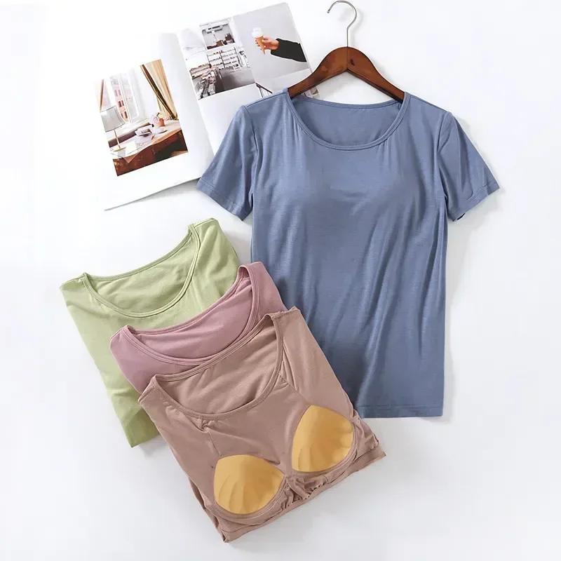

Short Summer Wear Piece Home Women's Cup Sleeved Women Pajama Modal Bottoms T-shirt One Clothes With Pad Chest Bra