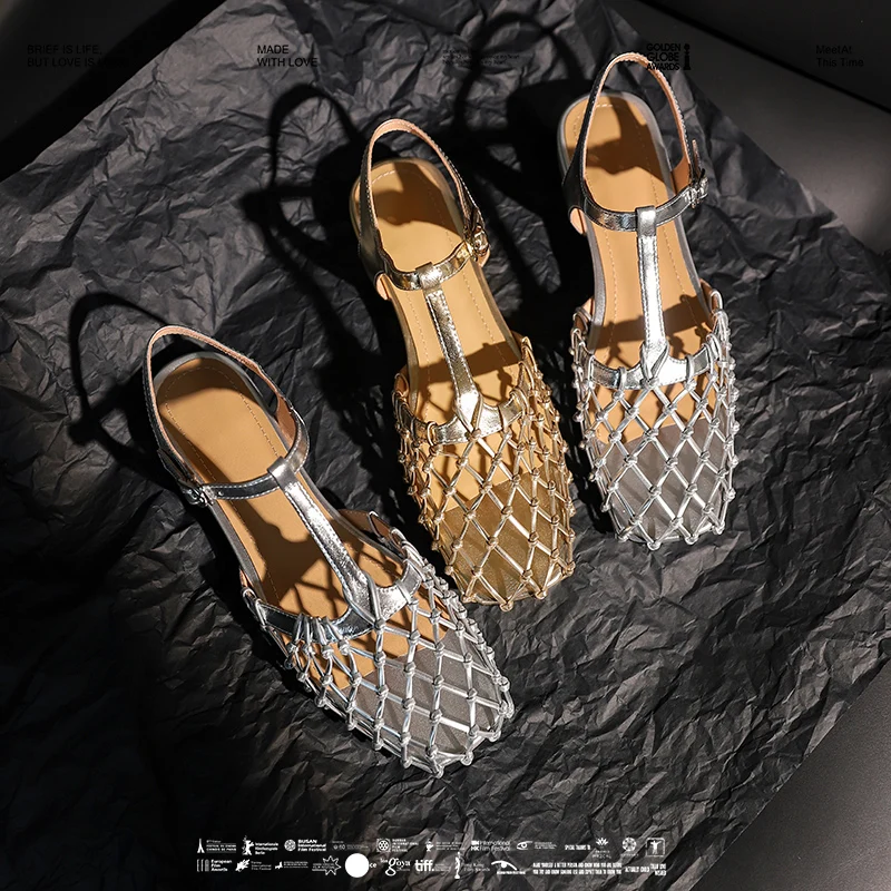 Women's New Summer European and American Comfortable Leather Cowhide Hollow Bird's Nest Low Heel Baotou Large size Roman Sandals