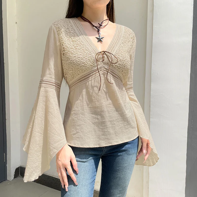 Elegant Beige Women Top Cotton V Neck Flare Sleeve Loose Fit Aesthetic Tee Shirt Vintage Chic Back Lace Up Pullovers