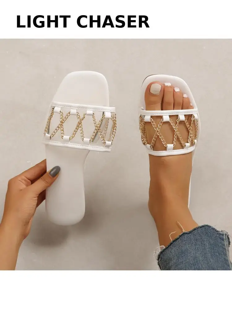 Fashion Metal Chain Casual Women's Slippers New Sandals Women's Metal Pvc Surface Flat Bottom Outer Wear Beach Slippers Women
