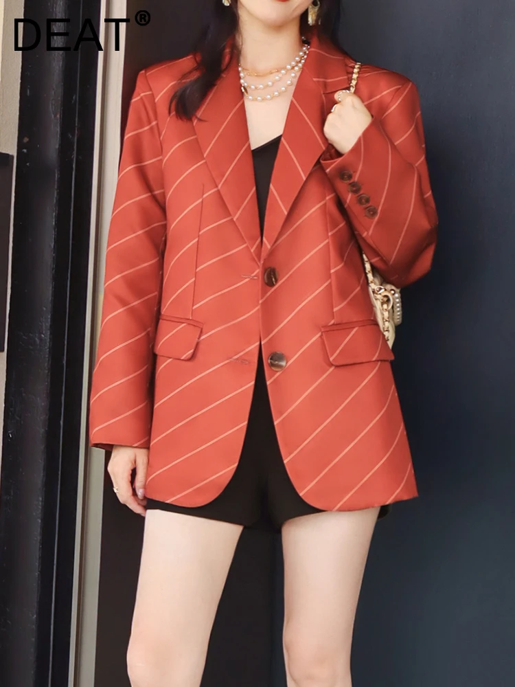 

DEAT Fashion Women's Stripe Blazer Notched Long Sleeves Single Breasted Pockets Loose Suit Jackets Autumn 2023 New Tide 7AB1199