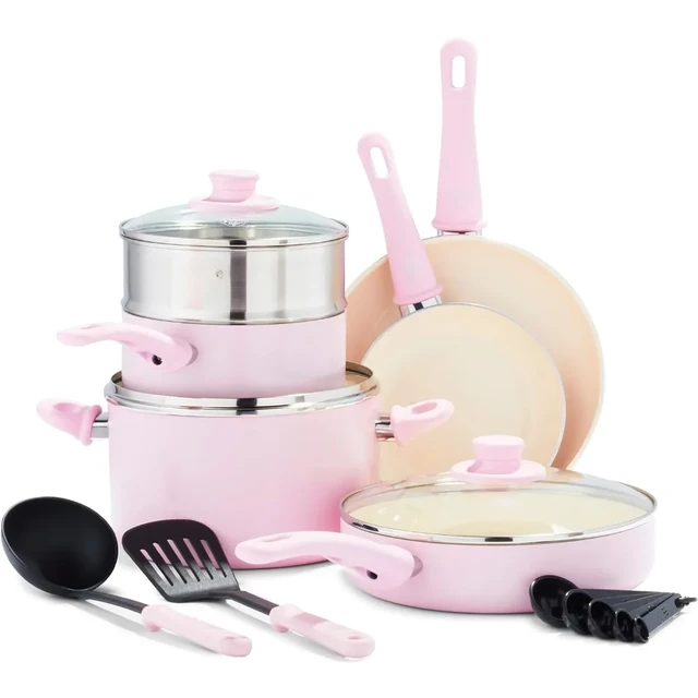 Soft Grip 18 Piece Cookware Set, Pink Non Stick Cooking Pot Set Pots and  Pans - AliExpress