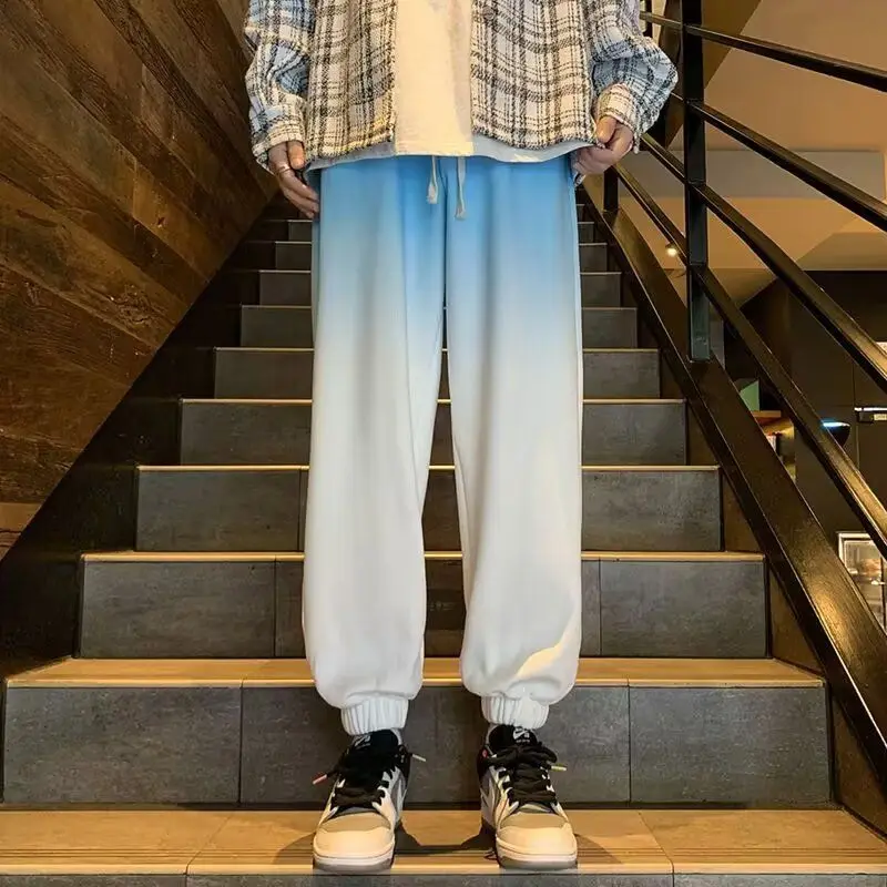 Simplicity Korean Summer New Pants Men Solid Gradient Loose Straight Comfortable Drawstring Elastic Waist Harlan Casual Trousers
