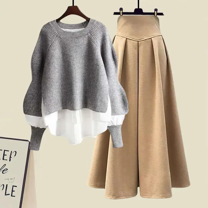 Spliced Knitted Sweater Shirt Pullover Slim Fit Half Skirt Two Piece Elegant Women's Dress Set Winter Outfits
