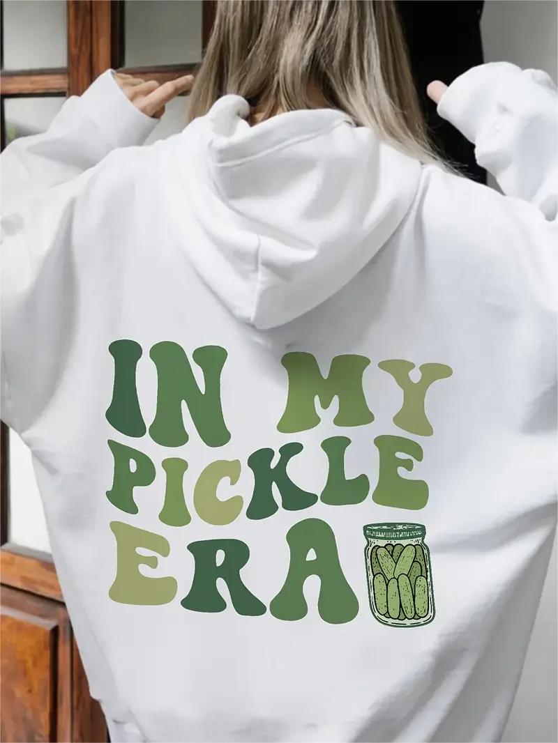 Pickle Graphic & Letter Print Hoodie Casual Pocket Long Sleeve Drawstring Hoodies Sweatshirt Women's Clothing