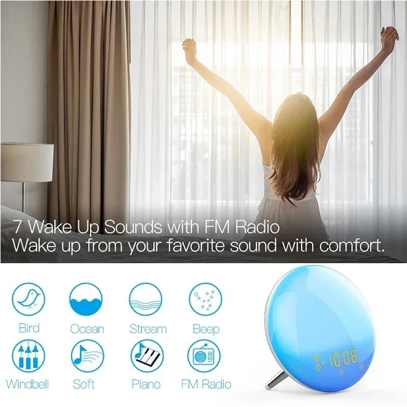 WiFi Smart Wake Up Light Workday Clock Sunrise Sunset Simulation 4 Alarms Works with Alexa Google Home Tuya App Remote Control smart wake clock