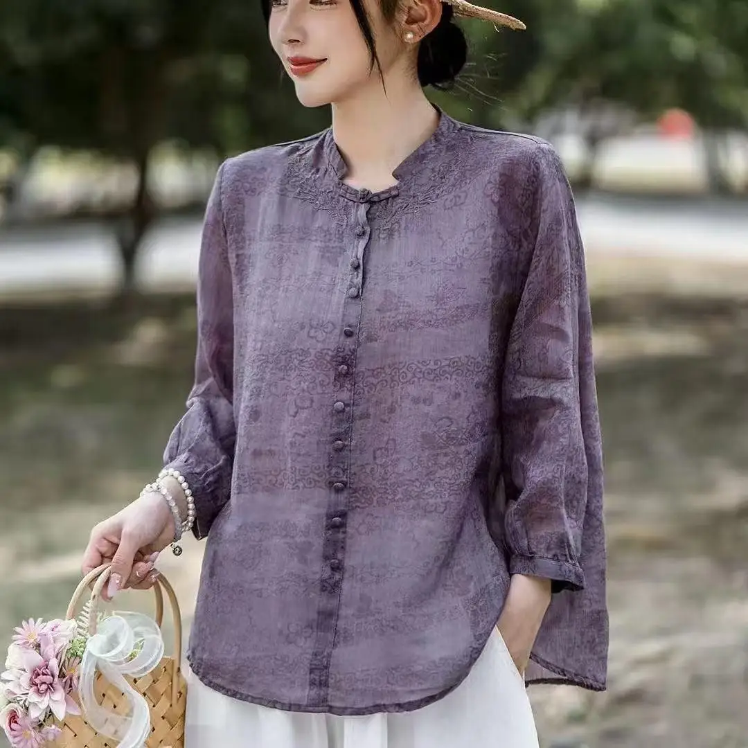 Elegant Harajuku Slim Fit Female Loose Casual All Match Tops Women embroidery Button Three Quarter Sleeve Blouses