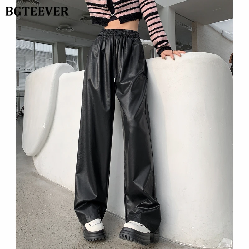 

BGTEEVER Casual Loose Female PU Leather Drawstring Pants Autumn Winter Fashion Elastic High Waist Pockets Women Straight Trouser