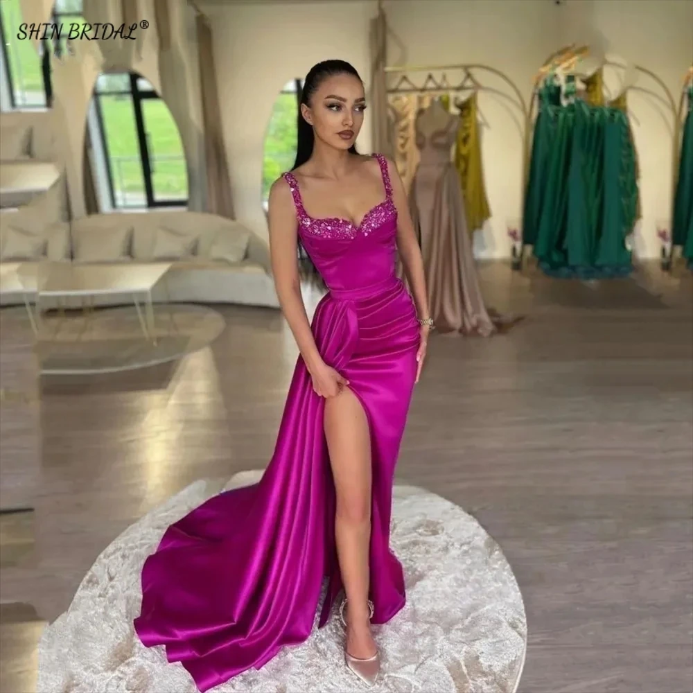 

SHIN BRIDAL Sexy Sequins Chest Fishtail Spaghetti Straps Evening Dresses For Women Side High Split Mermaid Sexy Wedding Dresses