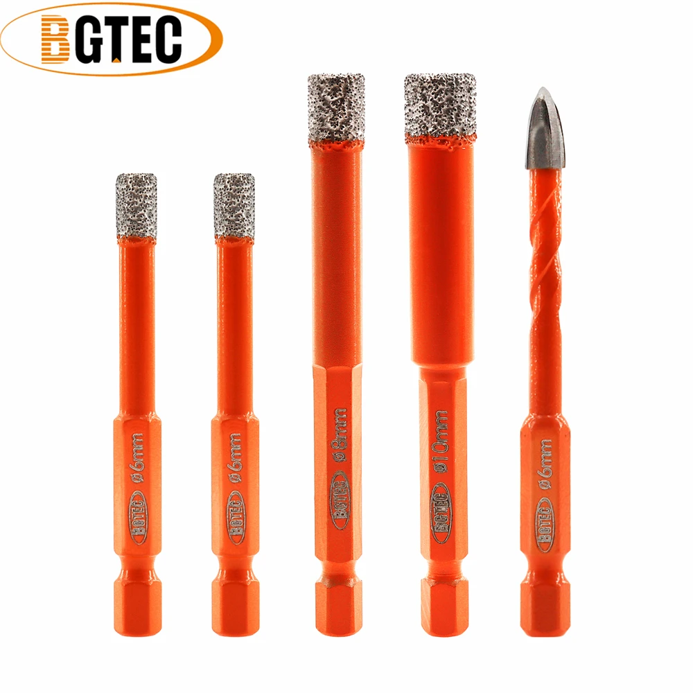 BGTEC 6/6/8/10mm Diamond Drill Bits+ 6mm Cross Hole Opener Positioning Hex Quick-Fit Shank Ceramic Marble Drilling Core Bits