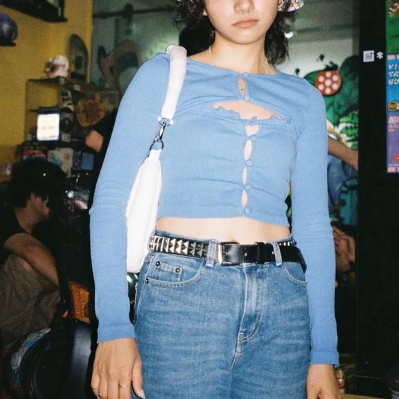 

2000s Retro Independent Crop T-shirt Long-sleeved Hollow Blue T-shirt Basic Sexy Slim Top Autumn Y2K Style Women's Clothing