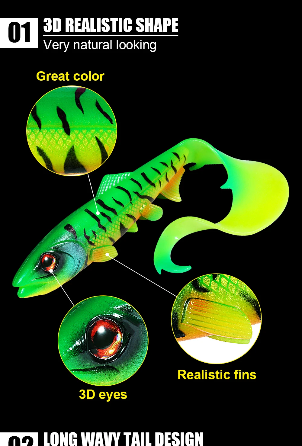 Spinpoler 17,5 cm 22 cm Firebomb Long Wavy Tail Grub Soft Swimbait Angelköder Big Pike Barsch Köder Zander Wels Angelgerät – Detail 3
