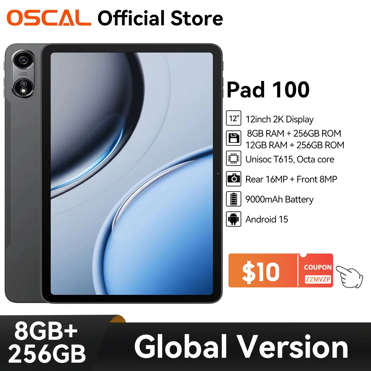 OSCAL Pad 100 Tablet, 12'' 2K IPS Display 9000mAh, 8GB or