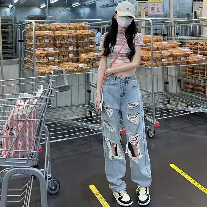 

Streetwear Straight Pants Ladies Ripped Jeans Loose Wide Leg Pants Ladies Jeans Y2K Summer High Street Cargo Pants Korean 2024