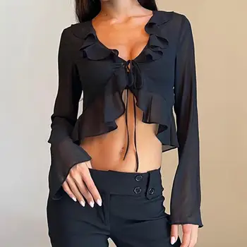 2023 Women Fungus Lace Solid See Through Silk Flare Sleeve V Neck Crop Tank Fashion Casual Sweet Girl Top