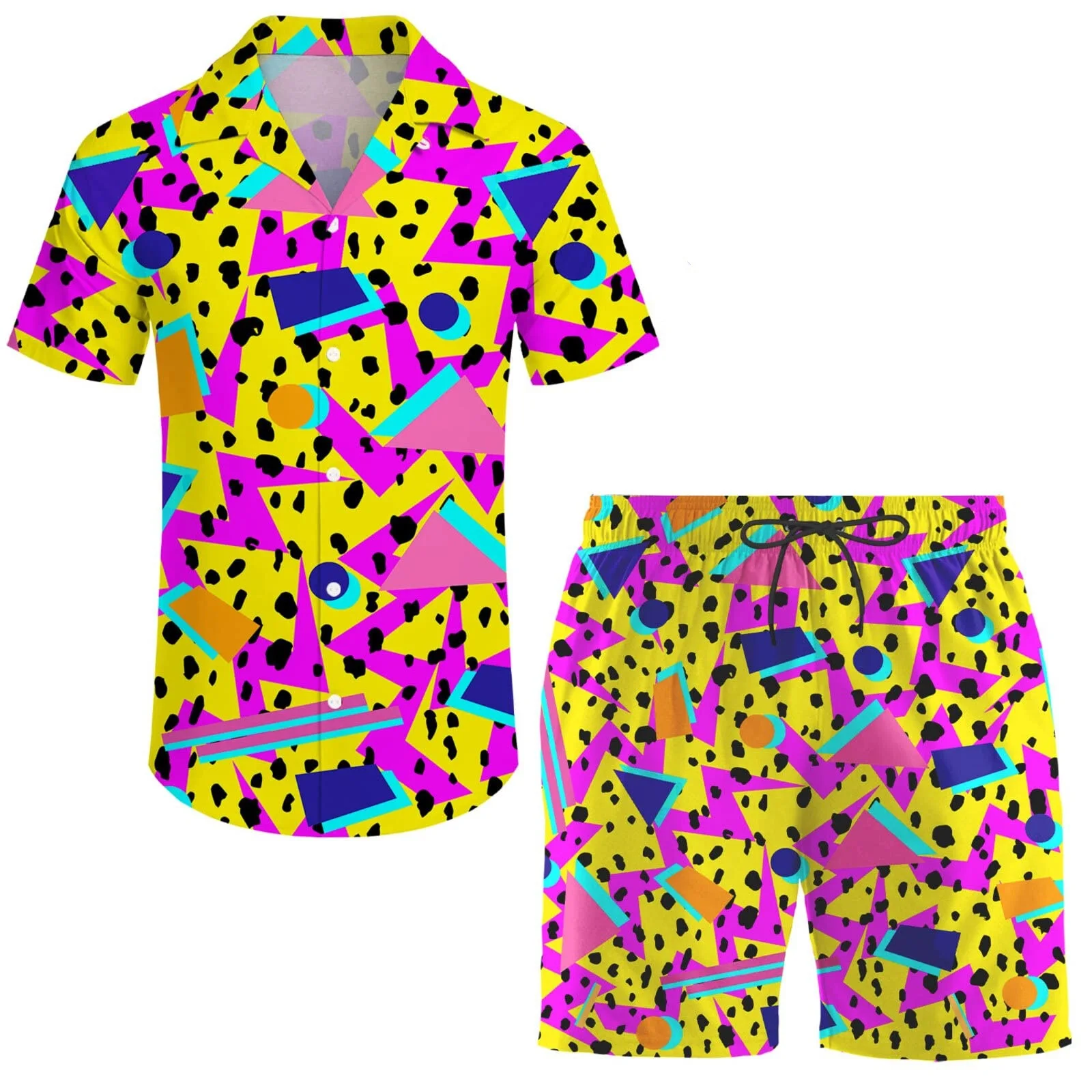 thumbnail image 5 of Conjunto retro psicodélico de los años 80 y 90 con estampado de setas mágicas, camisa 3D, pantalones cortos casuales de playa de gran tamaño, 2 piezas, estilo hawaiano para vacaciones para hombres, 5 of 5