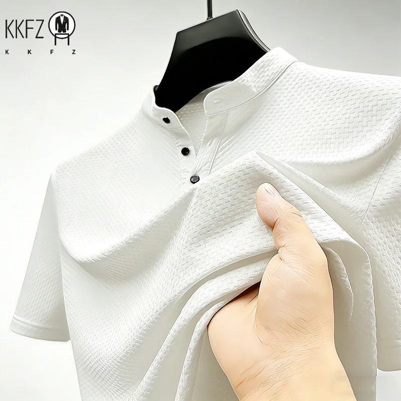 Hochelastisches Herren-Poloshirt mit Waffelstruktur, knitterfrei, Business-Casual, Kurzarm, für unterwegs.
