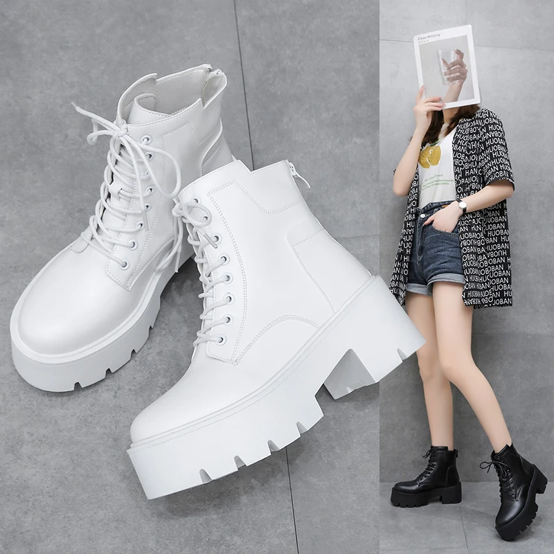 Boots Women's Instagram Trendy Thick Sole 2024 Spring and Autumn British style Thick Heel Lace Low Barrel Short Boots