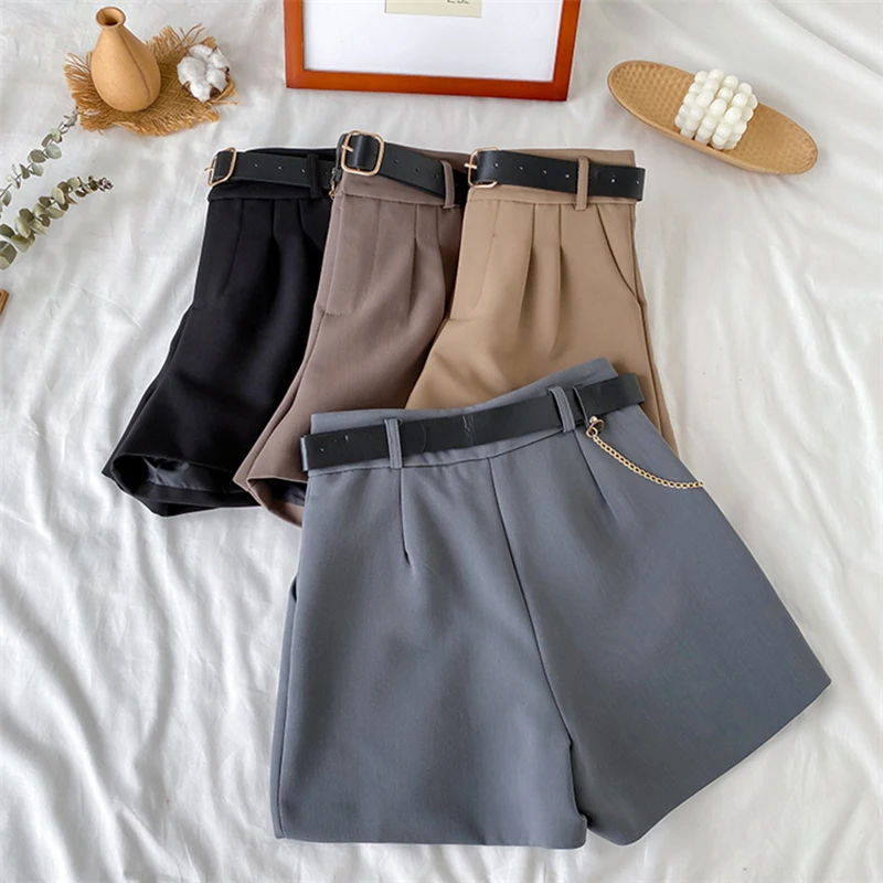 2021 High Waist Thin Women's Office Shorts Wide Legged A-Line Suit Shorts Female Korean Style Casual New Short Pants with Belt american eagle shorts