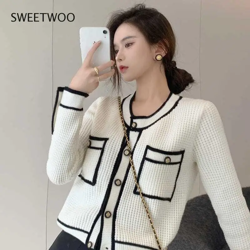 

Pink Cardigan Women All-Match Cardigan Crop Top 2021 Autumn Round Neck Single Breasted Knitted Cropped Sweater Tide Chic Fashion