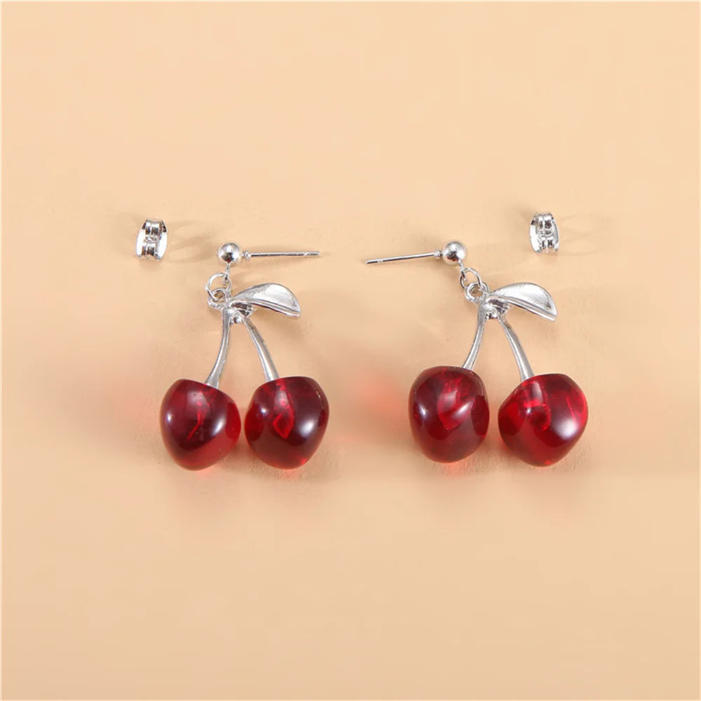 Cherry Earrings Drop Earrings Acrylic Earrings Silver Jewelry Red Acrylic Cherry Drop Earring