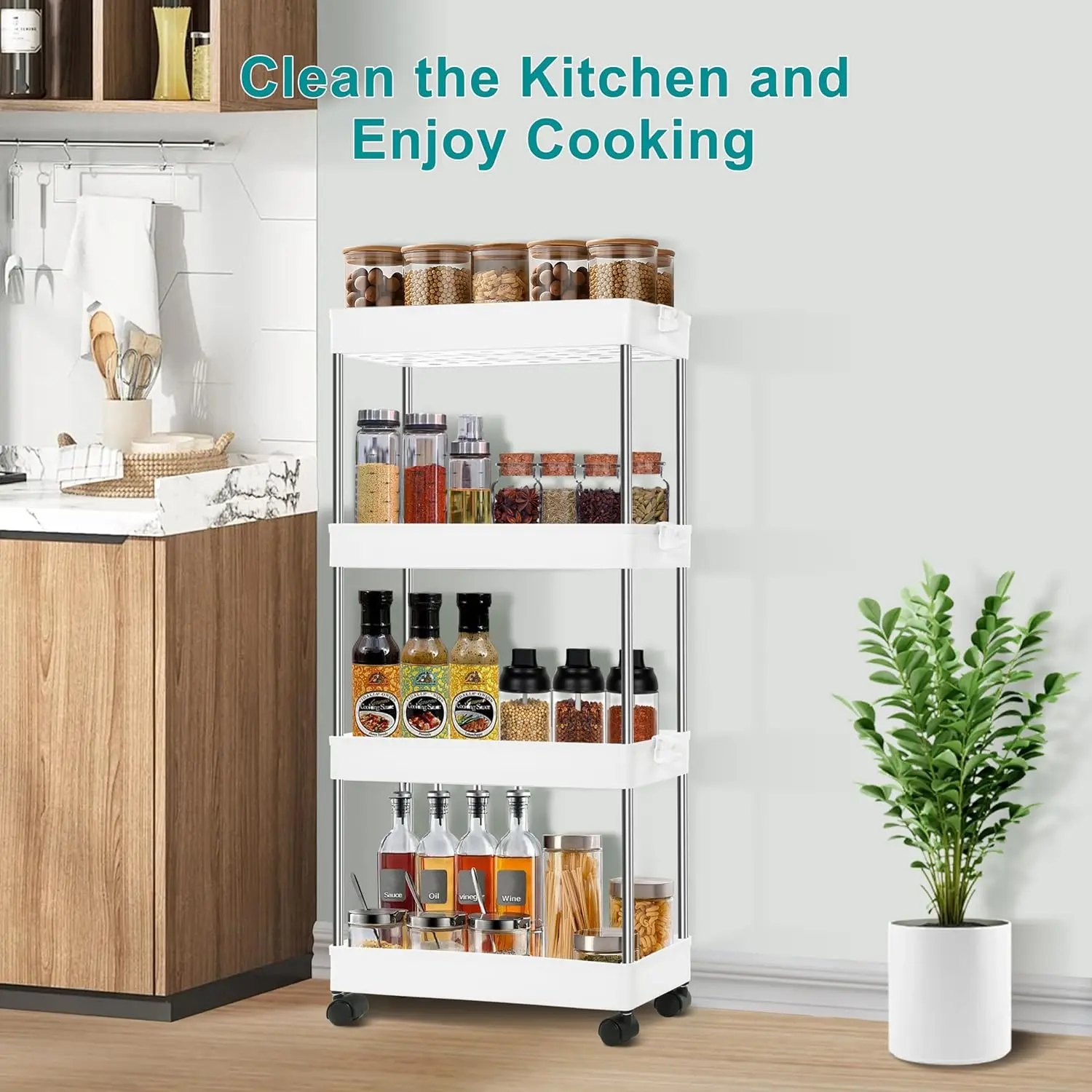 YSSOA Rolling Storage Cart, 4 Tier Slim Mobile Shelving Unit for Storage,360° Rotating Wheel Lockable Utility Cart,Great for Off 5