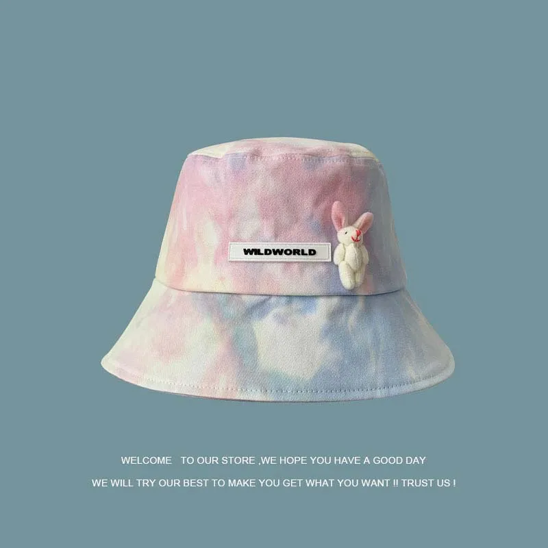 

2022 New Summer Girl Woman Beach Outdoor Sunscreen Casual Fashion Retro Tie-Dyed Rabbit Decorate Exquisite Weaving Bucket Hat
