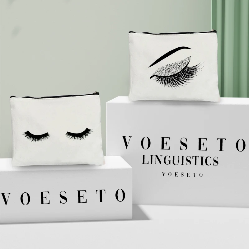 

Charming Eyelashes Makeup Canvas Pouch for Ladies Portable Lipstick Air Cushion Bag Travel Toilet Kits Trendy Cosmetic Clutch