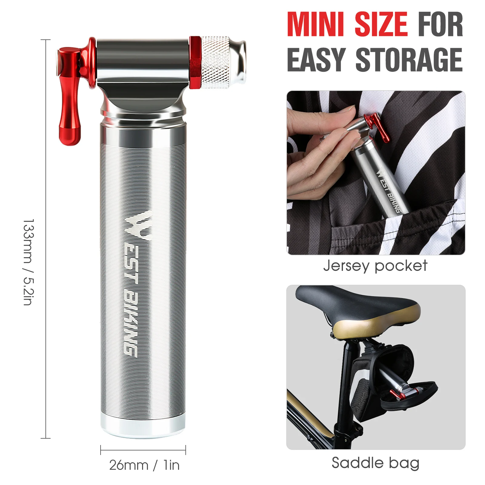 Gonfiatore Per Valvole Presta E Schrader Mini Pompa/Gonfiatore CO2 Per Bicicletta WEST BIKING - Alluminio, Veloce, Per Valvole Presta/Schrader Pompa Bicicletta