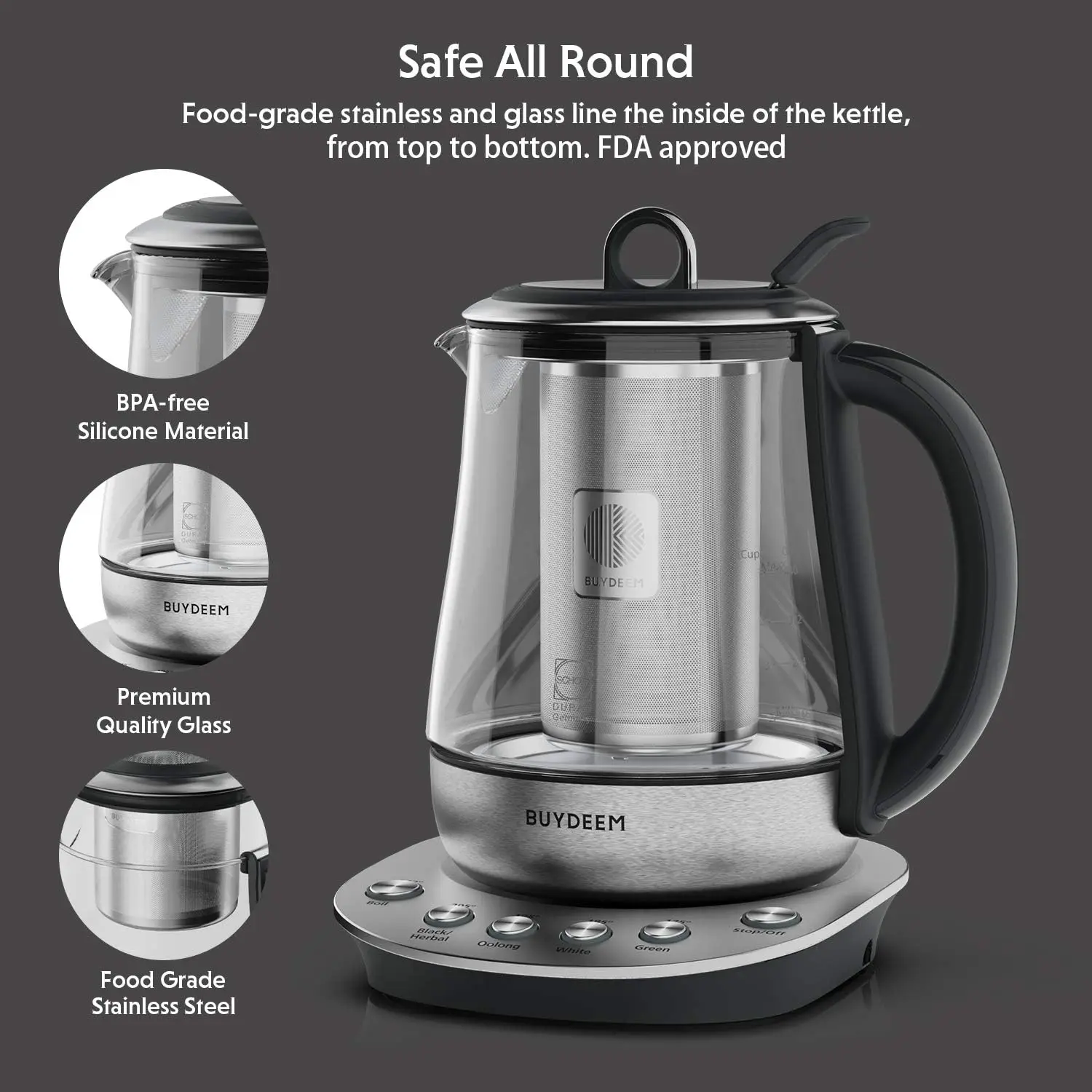 K2423 Tea Maker, Durable 316 Stainless Steel & German Schott Glass Electric Kettle, Removable Infuser, Auto Keep Warm, B 5