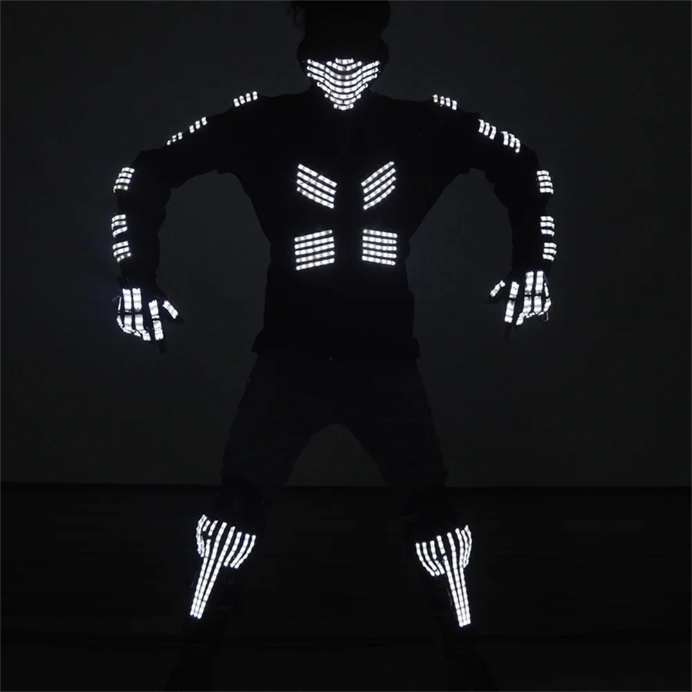 

New Cool White Color Led Armor Robot Costumes DJ Bar Laserman Gloves Stage Dance Show Glowing Kneepads Mask Lighting Up Facemask