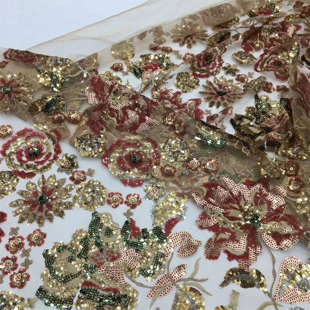French sequjns tulle lace fabric high quality african sequins embroidery net lace for african nigerian party wedding 5yards