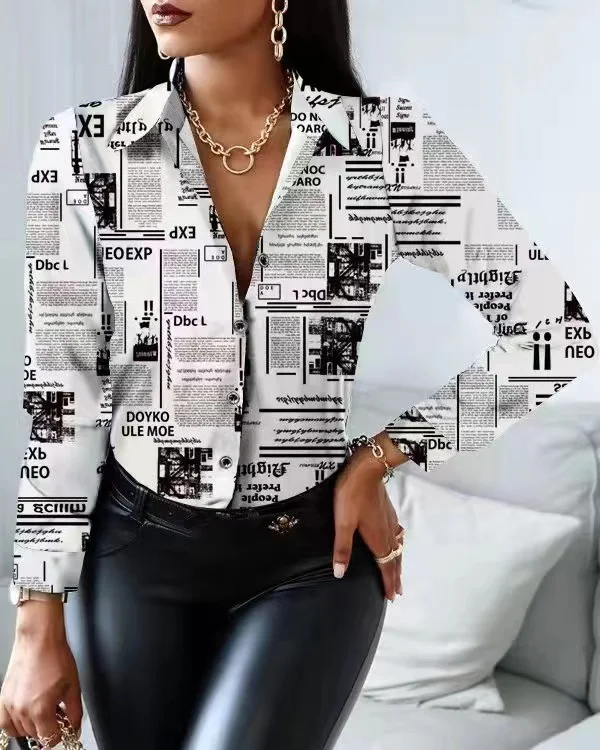 

2024 Spring Autumn Long Sleeve Turn-down Collar Block Color Patchwork Female Shirts Vintage Printing Woman Blouses Lady Clothes