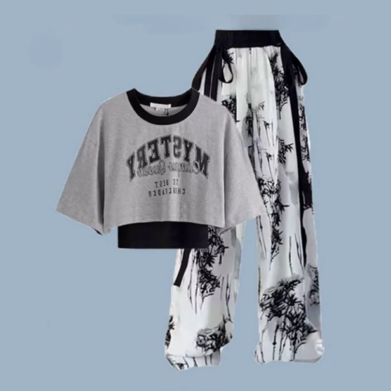 Summer Fashion Set for Women, Korean Loose Top, Suspender Style Tie Up Wide Leg Pants, Women's Three Piece Set Women Outfit