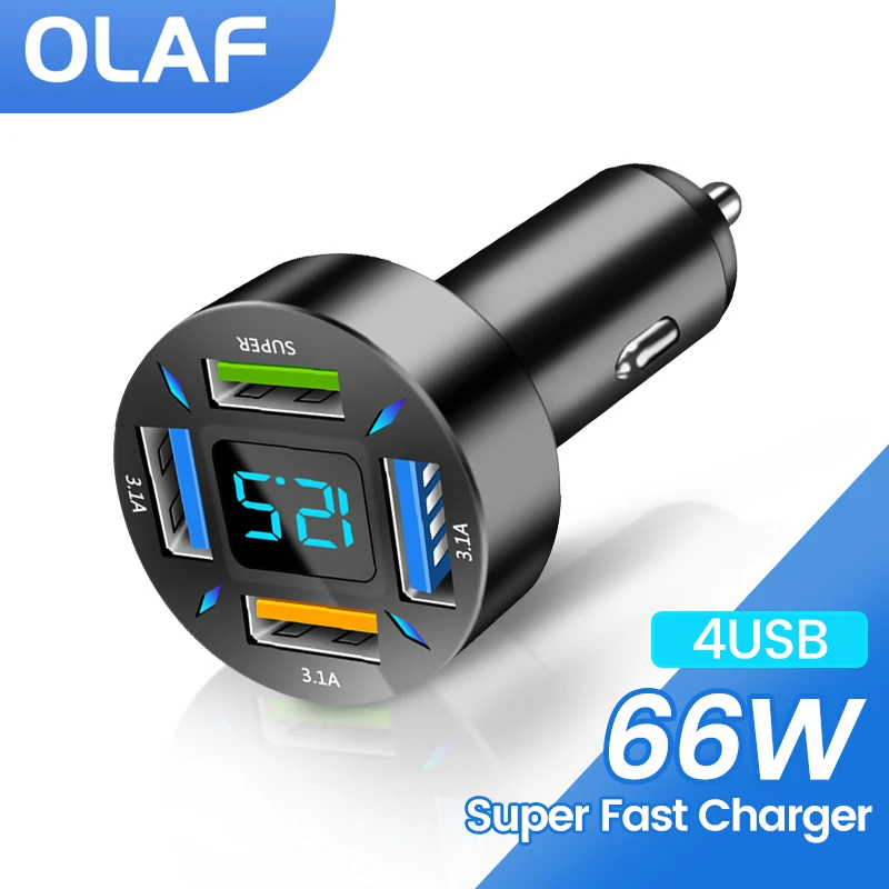66W USB Car Charger 4 Ports Fast Charging PD Quick Charge 3.0 USB C Car