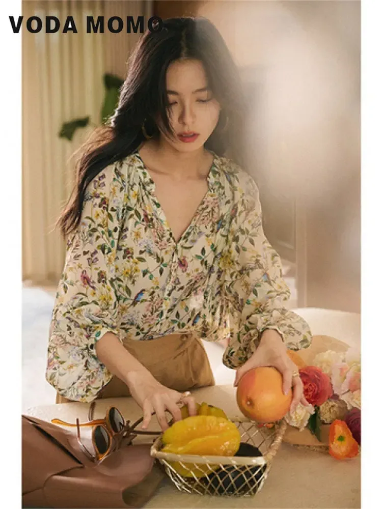 Summer Thin Soft Vintage French Style Tender All-match Classic Fashion Femme Floral Shirts for Women Loose Casual Minimalist