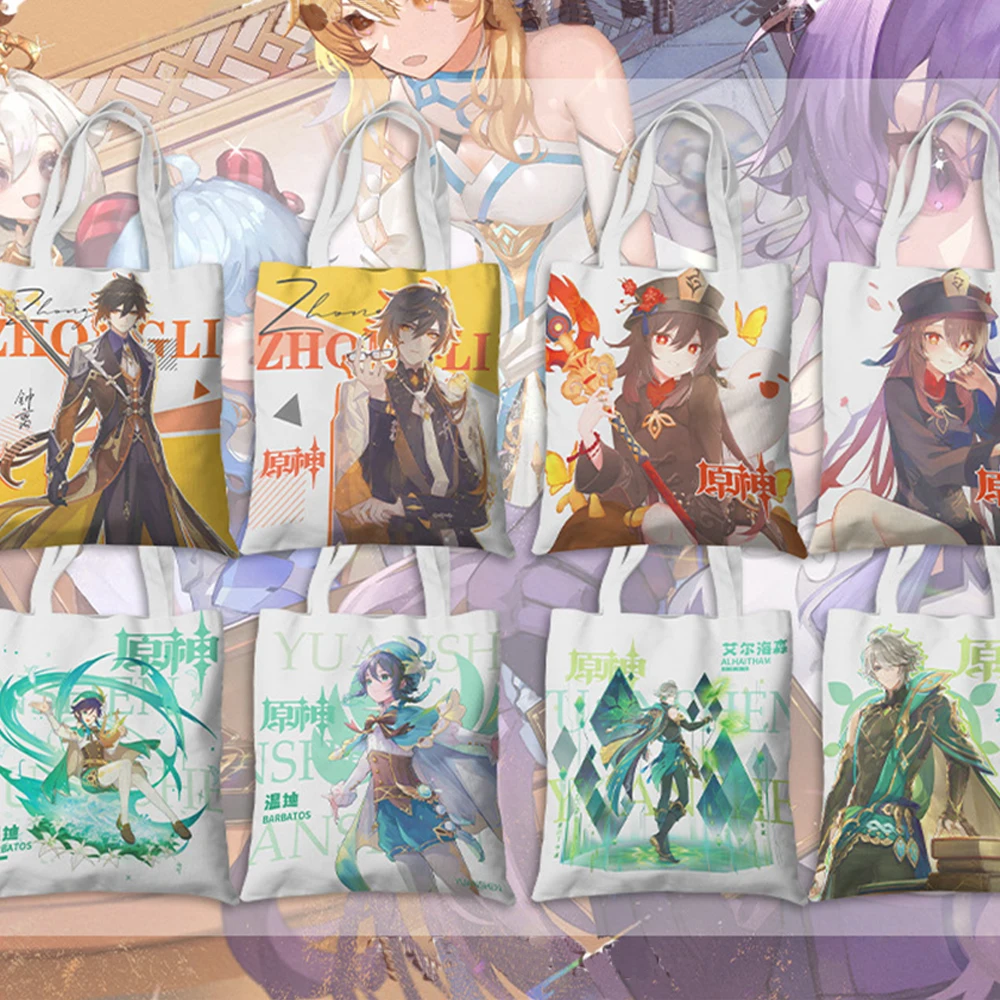 

Аниме Сумка Genshin Impact, винтажная Холщовая Сумка, женская сумка через плечо, Экологически чистая Сумка-тоут для покупок, вместительная сумка