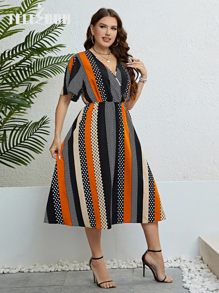 

Ditsy Pleated Striped Contrast Dress summer Women Dolman sleeve bohemian V-neck Beach Holiday Elegant Long Wrap dress Plus size