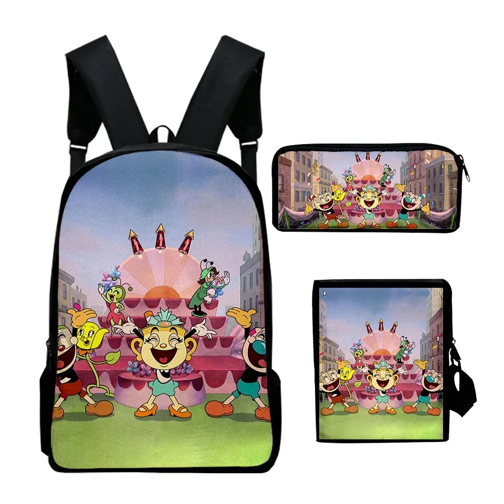 The Cuphead Show Anime 3D Print School Bags,Laptop Backpack,Backpack,Tilt Shoulder Bag,Pencil Case,Harajuku,3pcs per set