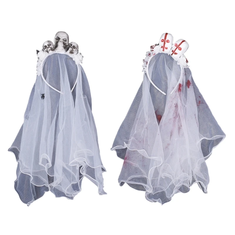 

MXMB Punk Girls Long Tulle&Skull Hairband for Women Halloween Prom Party Tiaras