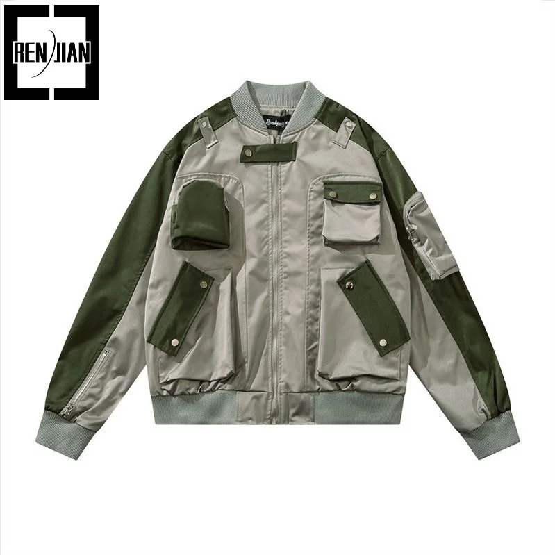 

Fashion Techwear Jacket With Multi Pockets Vintage Biker Coat Tactical Motorcycle Outerwear Flight Bomber Tops