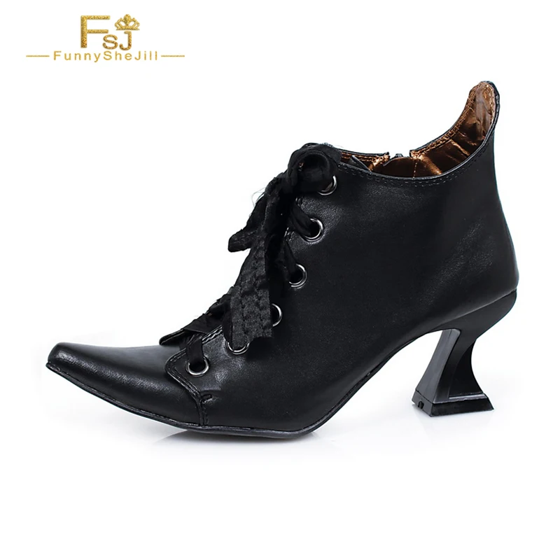 

Halloween Witch Lace-Up Booties Black Pointed Toe Ankle Boots Ladies Plus-Size 15 16