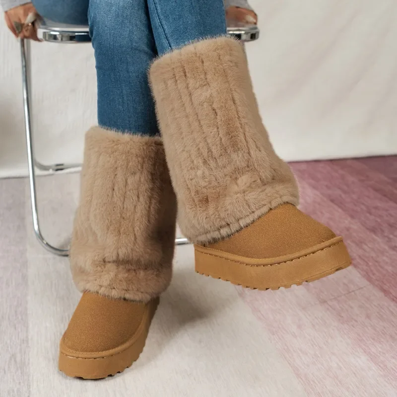 Botas de nieve de ante para Mujer, botines cálidos y gruesos de punta redonda, tacón medio, invierno, 2024