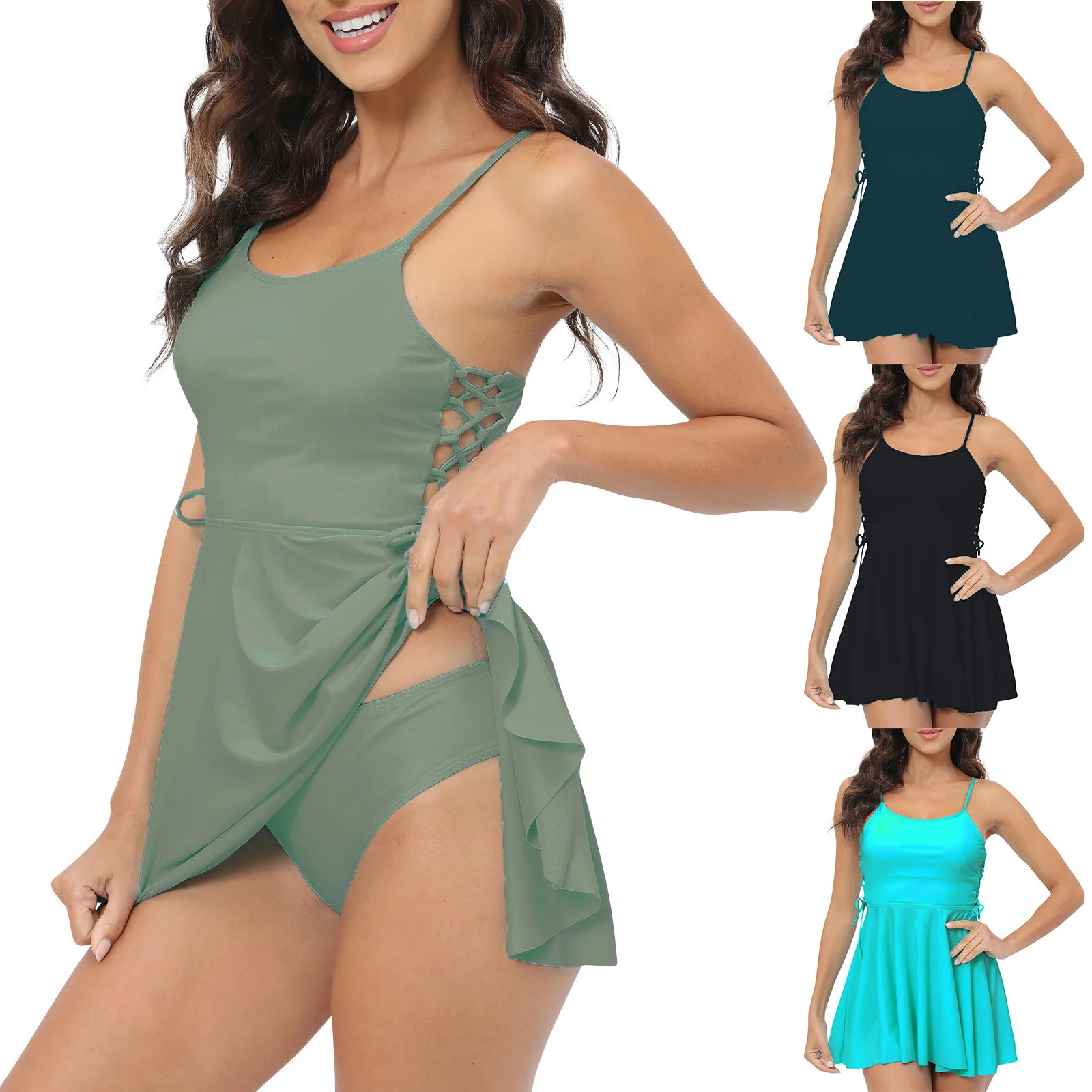 Women'S Split Sexy High Waist Suspender Solid Colour Hollow Out With Chest Pad No Steel Bra Swimsuit Woman New Mini Dresses 2024