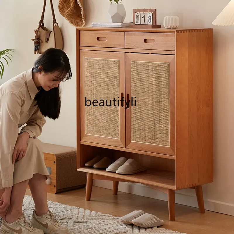 zq Nordic Solid Wood Rattan Shoe Cabinet Household Storage Cabinet Japanese  Entrance Cabinet Large Capacity Locker