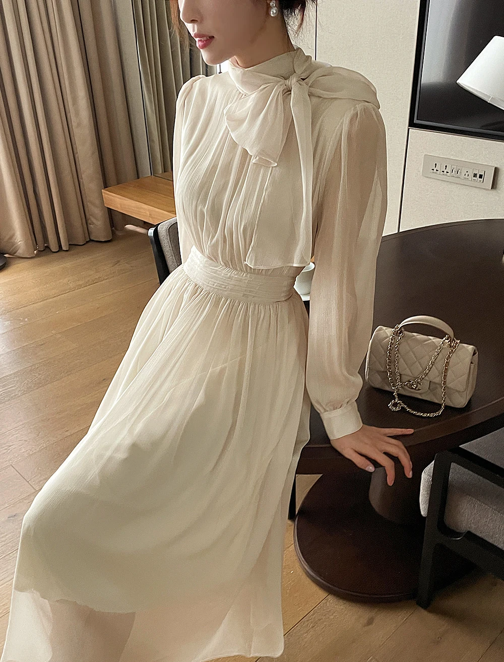Elegant Midi Dresses for Women Long Sleeves Half High Collar Lace-up A-line Korean Fashion Autumn New One Piece Vestido Mujer