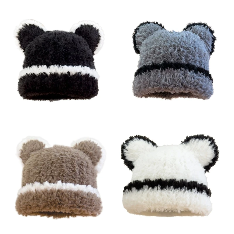 

Q1FA Girls Bear Hat Y2K Style Furry Ears Hat Furry Bear Gifts Warm Winter Hat