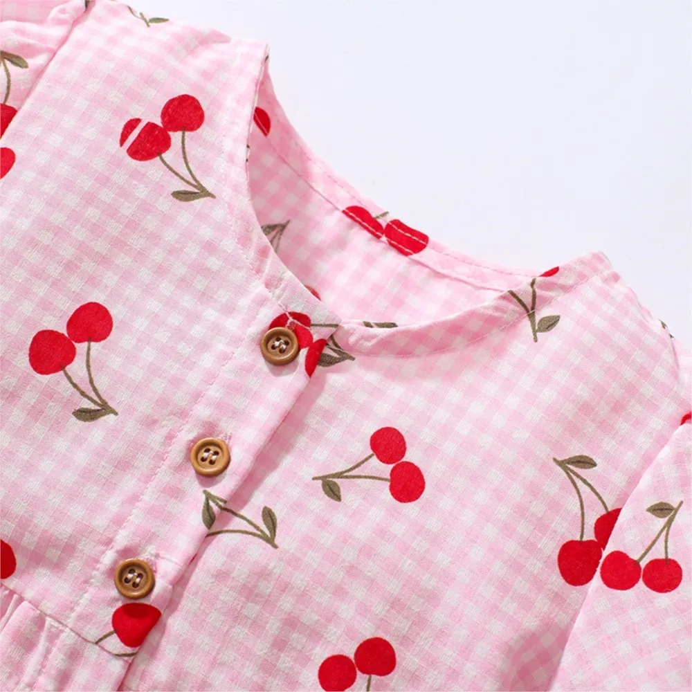 Children's Clothing 2025 Baby Girls Pink Dresses Cartoon Cherry Summer Holiday Dresses Kids Clothes Party Dress