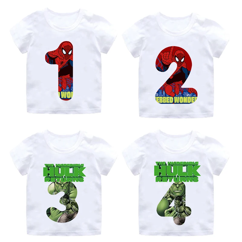 

New Marvel Birthday Numbers Disney T-shirts Cartoon Spiderman Cute Tops Kids Clothes Boys Girls Summer Clothes White Fashion Tee